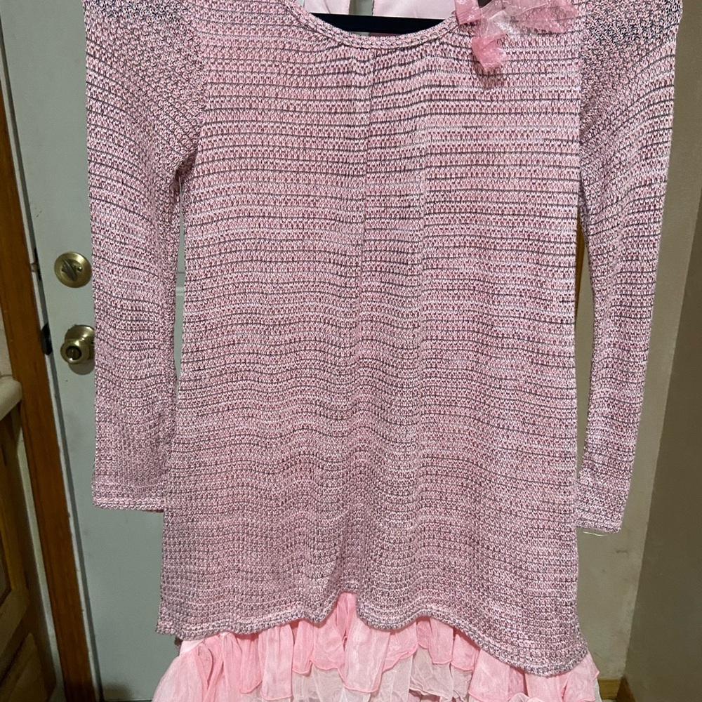 Pink Long Sleeve Knit Dress with Bow